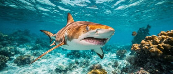 Wall Mural -  A tight shot of a shark's open maw above a coral reef, surrounded by various corals in the background