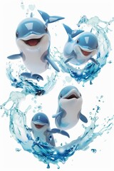 Set of 3D cute happy cartoon dolphin with splashing water, isolated on white background 