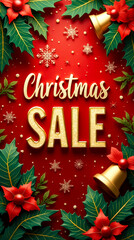 Wall Mural - A vibrant banner promotes a Christmas sale, showcasing golden lettering against a rich red backdrop adorned with festive greenery, bells, and snowflakes