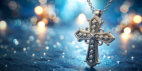 A shimmering cross necklace with intricate detail, faith, religion, jewelry, fashion, accessory, pendant, Christian, Catholic