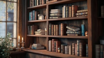 Rustic wooden bookshelf filled with books in a cozy reading nook