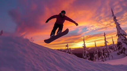 Wall Mural - A snowboarder is mid-air during a jump as the sun sets behind mountains.