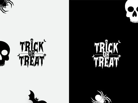 Happy Halloween calligraphy design. Black and white color Trick Or Treat wordmark design. Black and white color Trick and Treat typography design with pumpkins, bats, and spider web. 