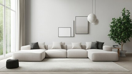 Sleek, modular sofa arrangement with minimal, modern decor in a bright, open-concept living space