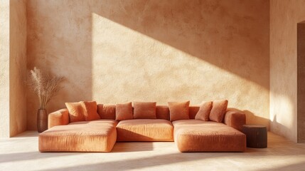 Terra cotta corner sofa in room with beige stucco walls Minimalist interior design of modern living room