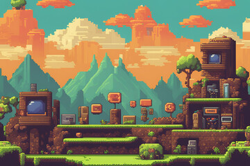 A retro gamer themed scenic background in a pixel art style