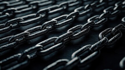 Close-Up of Heavy Metal Chains in a Dark Industrial Setting with Dramatic Lighting and Depth of Field