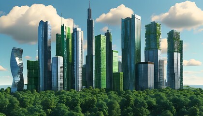 Futuristic urban landscape featuring towering skyscrapers and lush green trees