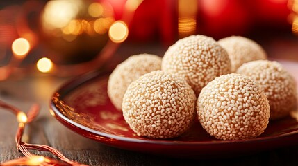 Chinese sesame balls (Jian Dui) on a plate, with Chinese New Year festive lights and decorations. Ideal for showcasing traditional holiday desserts and celebrations.