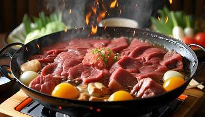 Sizzling Japanese sukiyaki with bubbling ingredients in a pot, showcasing a delightful culinary tradition enriched by AI generative technology