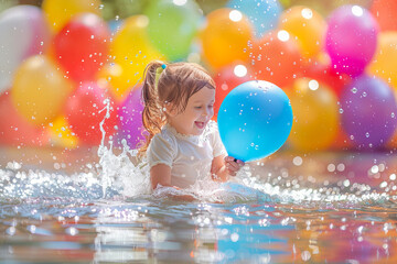 Happy little girl playing with balloons in a pool on children's day