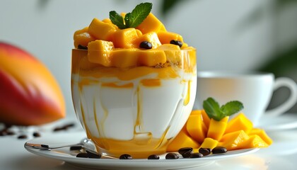 Delicious coffee and mango dessert artfully crafted, showcasing vibrant colors and textures against a clean white backdrop