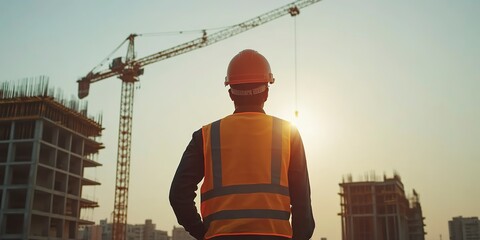 Poster - back view of indian male engineer wearing helmet and vest standing and supervising progress of const