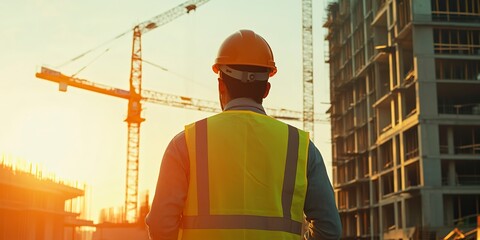 Poster - Back view of Indian male engineer wearing helmet and vest standing and supervising progress of construction project with crane in the background, Copy space. Low angle shot. 