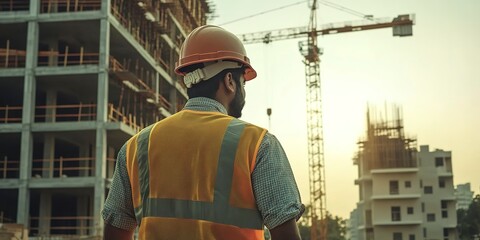 Poster - back view of indian male engineer wearing helmet and vest standing and supervising progress of const