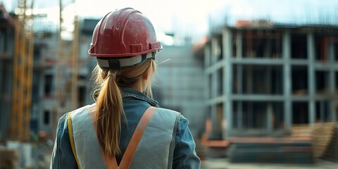 Canvas Print - Back view female construction engineer 