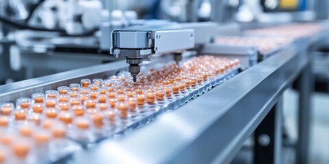 Poster - Automated Robotic vitamins, dietary supplements or medicine tablets Line. Pharmaceutical production plant indoors 