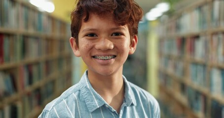 Aufkleber - Braces, face and school with boy in library for child development, learning or scholarship. Books, education and portrait with smile of happy kid learner, pupil or student for knowledge and study