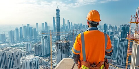 Poster - architecture construction skyscraper , neom saudi arabia, engineer at work, construction workers at construction site, UAE, Dubai
