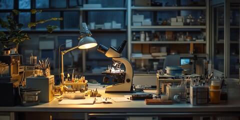 Canvas Print - An advanced microscope is carefully placed on a desk amidst various laboratory items in a research facility during nighttime 