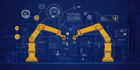 Poster - AI technology in industry, yellow robot arms with manufacturing and design icons, lines show information flow, blue industrial background 