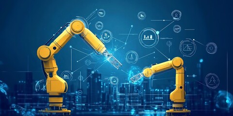 Canvas Print - AI technology in industry, yellow robot arms with manufacturing and design icons, lines show information flow, blue industrial background 