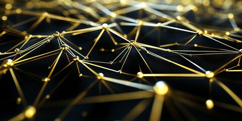 Abstract Network Mesh, Gold Nodes on Black Background 