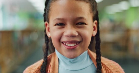 Poster - Girl, child and happy with face for education by elementary for learning, knowledge and growth or development. Student, portrait and back to school or academy for study in classroom with pride.