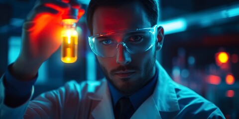 Poster - A scientist holds a glowing vial in a dark lab, illustrating innovation and research in biotechnology and medical science. 