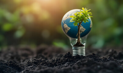 Wall Mural - globe on light bulb with small tree growing on money. concept business