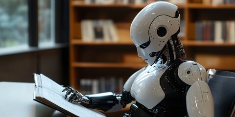 Poster - A Humanoid Robot Learning: An image of a humanoid robot engaged in a learning process, perhaps reading a book or analyzing data, showcasing the ability of AI systems to acquire knowledge and adapt