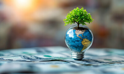 Wall Mural - globe on light bulb with small tree growing on money. concept business