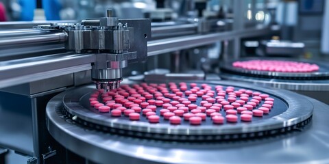 Poster - a high-tech machine used in the production process of tablets and medicines in operation, during tablet production 