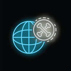 Neon glowing icon of two bones with planet earth, representing the global pet industry