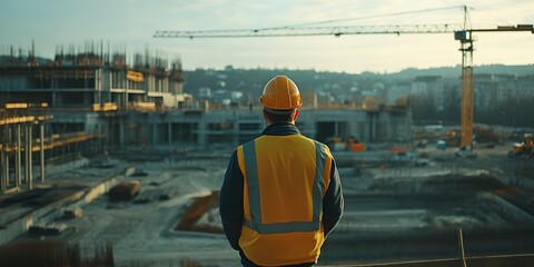 Canvas Print - A civil engineer stands looking at the construction site. 