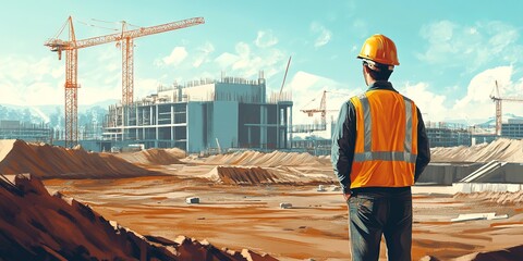 Poster - A civil engineer stands looking at the construction site. 
