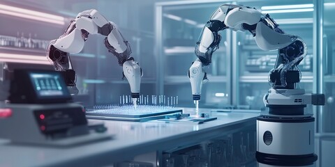 Poster - A biotech lab with robotic arms conducting experiments on synthetic tissues 