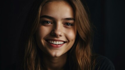 Wall Mural - teenage european woman on black background model close-up smiling with beautiful teeth for ad concept space for text