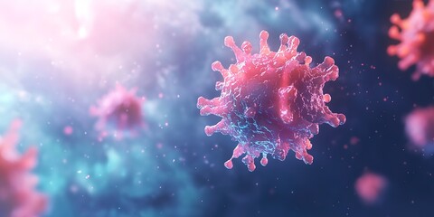 Poster - 3D rendering of a virus floating in space, depth of field and blurred background, light pastel colors, representing biotechnology and innovation