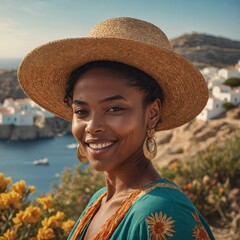 Young Black woman with short curly hair wearing straw hat and green floral dress, smiling in front of coastal town with buildings and mountains in background