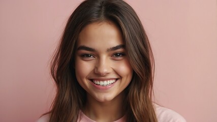 teenage american woman on pastel pink background model close-up smiling with beautiful teeth for ad concept space for text