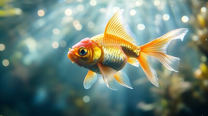 A single goldfish swims in an aquarium with a blurred background of bubbles.