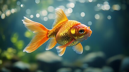 A single, vibrant goldfish swims in a freshwater aquarium, its scales shimmering with an orange hue. It's captured in a moment of elegant movement, its tail fin gracefully extended.