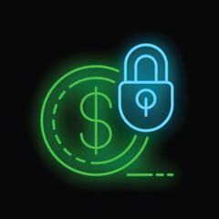 Poster - Glowing neon padlock is securing a dollar coin in this illustration about financial security