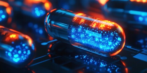 Poster - Capsules illuminated by futuristic blue and orange lights depicting the integration of tech in medicine 