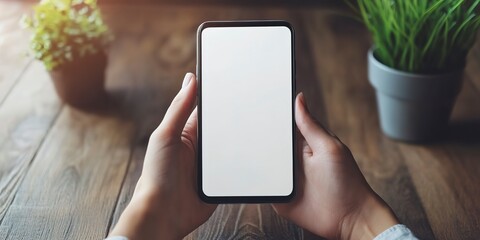 Poster - Business person man or woman holding smartphone showing mock up blank white empty mobile phone screen, hands using cellphone close up view. Mockup display for applications ads. 