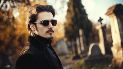 Wall Mural - A man in a black coat and sunglasses stands in front of a cemetery