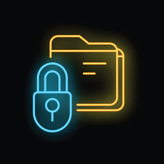 Poster - Neon blue padlock is securing a neon yellow folder containing documents on a black background