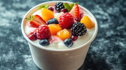 A cup of sweetened, flavored yogurt with fruit toppings, marketed as healthy but filled with sugar and artificial flavors