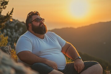 Wall Mural - Serene Plus-Size Man Practicing Deep Breathing in Nature at Mountain Retreat